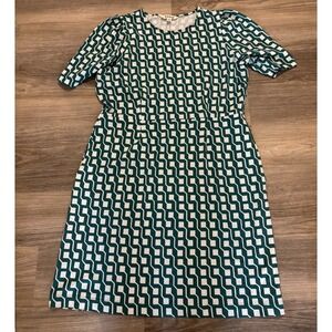 Boden Sheath Dress Womens Size 14R Green White Geometric